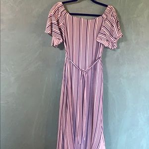 BR Blue striped lined OFF shoulder belted  dress